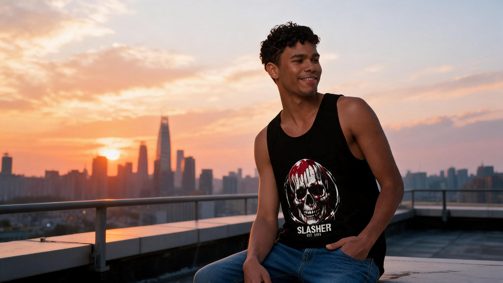 Person wearing a tank top with a skull design on a rooftop at sunset with city skyline in the background