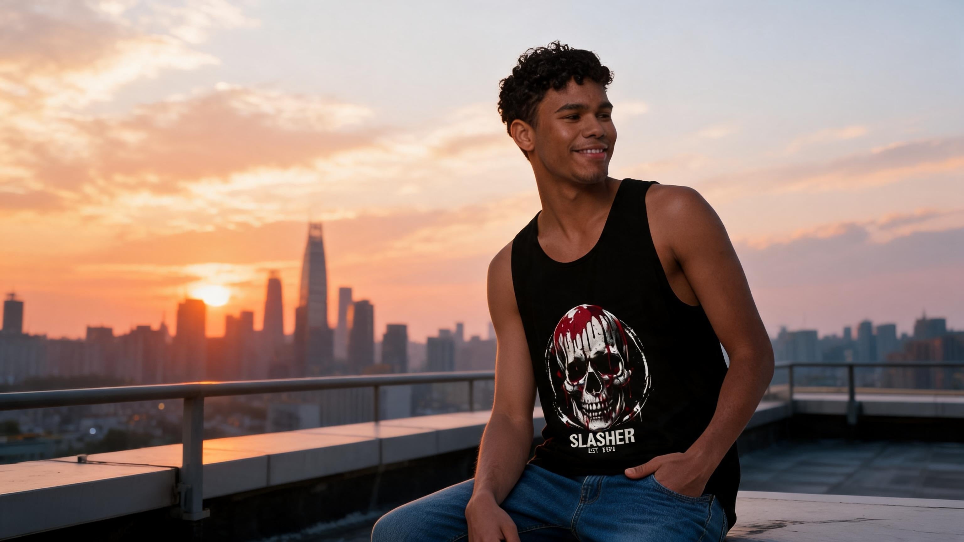 Person wearing a tank top with a skull design on a rooftop at sunset with city skyline in the background
